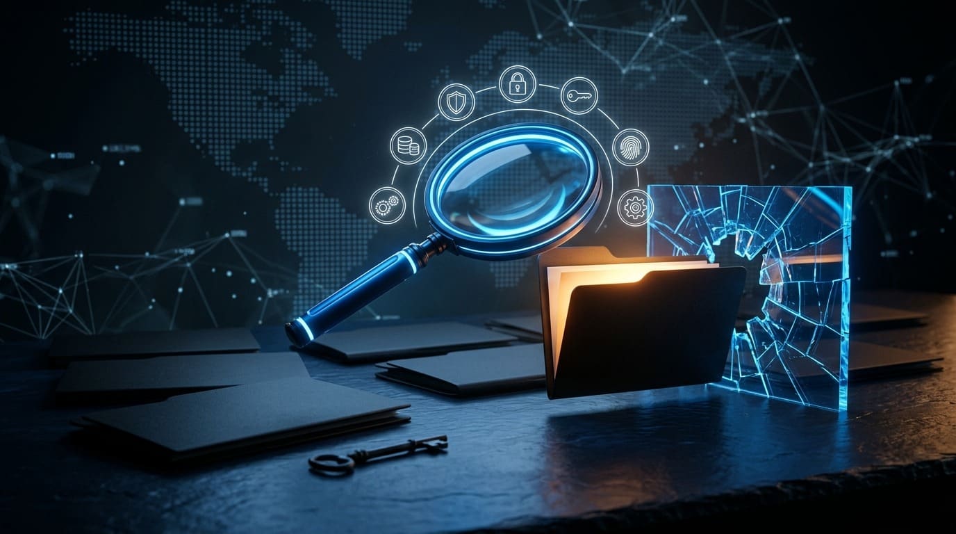 A glowing blue magnifying glass on a dark slate desk hovering over a folder whose pages glow amber, beside a shattered pane of blue glass, ringed by padlock, key, shield, fingerprint, database and gear icons, with unlit black folders and a key in the foreground.