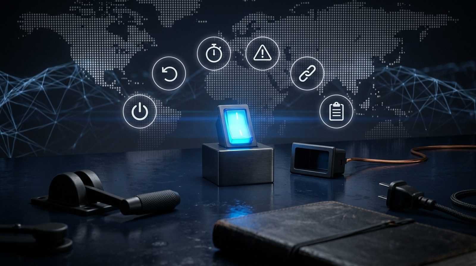 A glowing blue illuminated power switch on a pedestal on a dark slate desk, beside an identical switch housing standing empty and unlit with a thin amber cable running into shadow, ringed by power, undo, stopwatch, warning, chain-link and clipboard icons, with an unlit black lever, ledger and plug in the foreground.