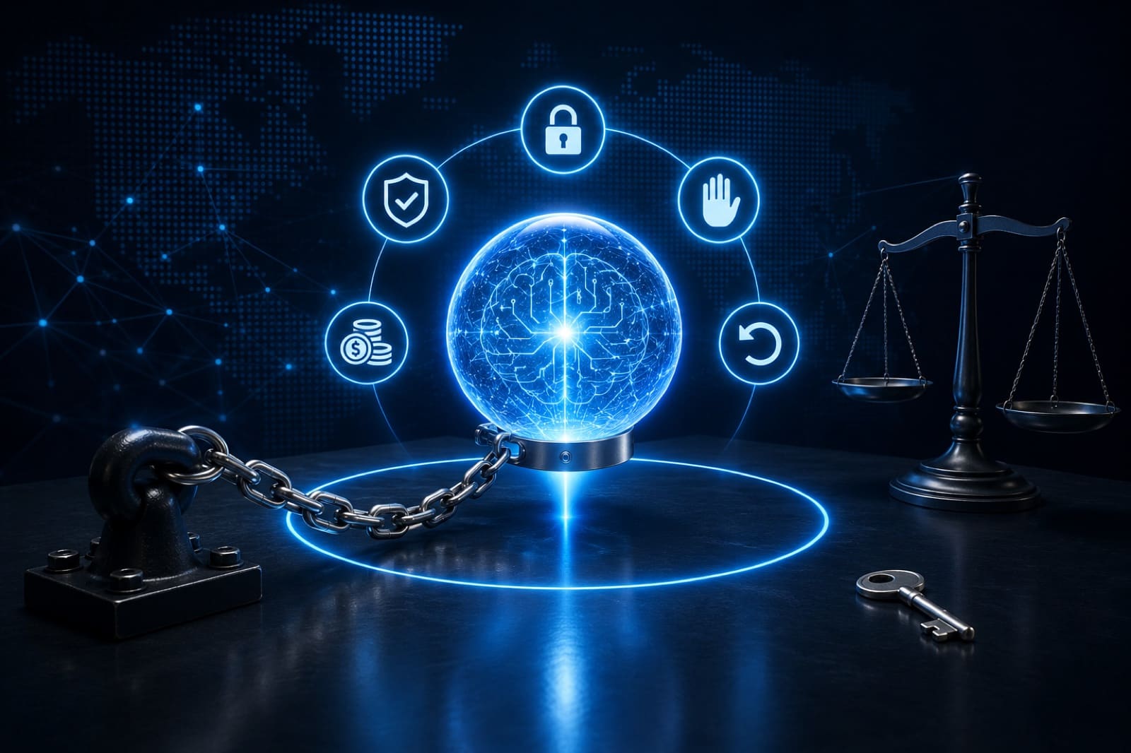 A glowing AI brain-orb held on a heavy chain inside a marked boundary ring, ringed by lock, shield, permission-hand, payment and undo icons, with a justice scale and an out-of-reach key nearby — capability under constraint.