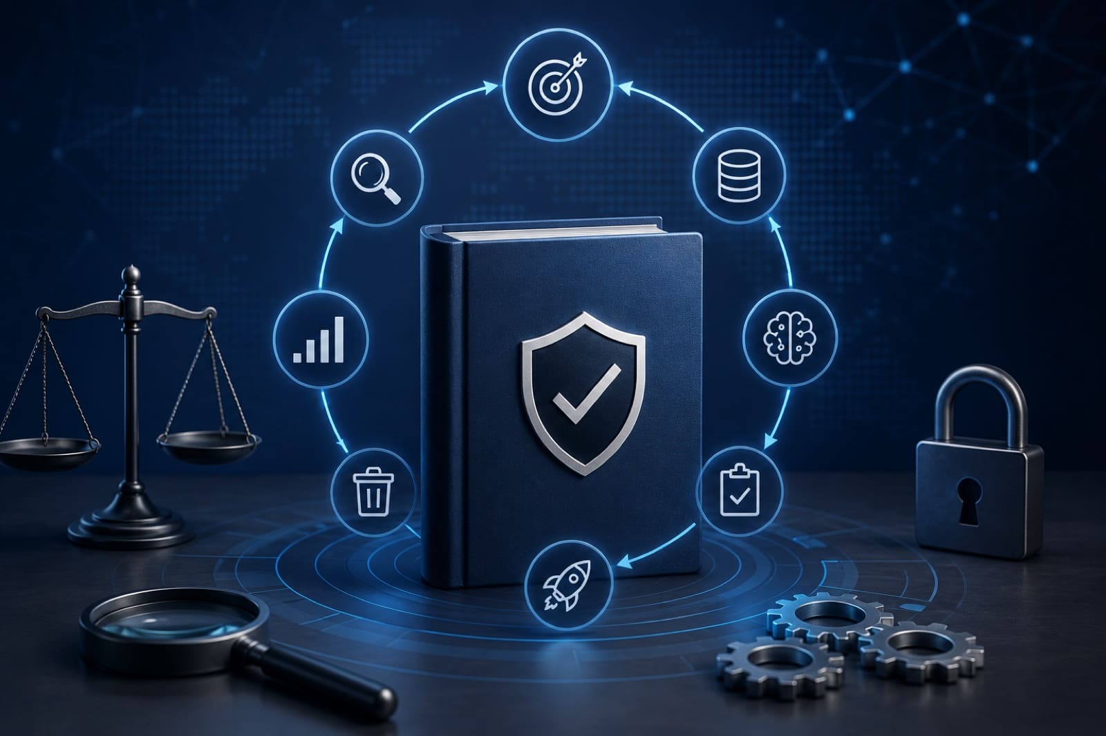 A rulebook with a shield-and-checkmark, ringed by the stages of a risk-management lifecycle — planning, data, testing, deployment, monitoring and retirement.